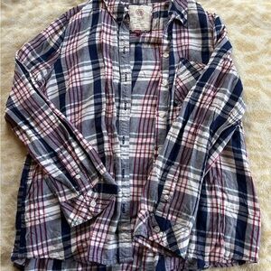 SO Blue and Red Button Down Shirt Classic Plaid Design